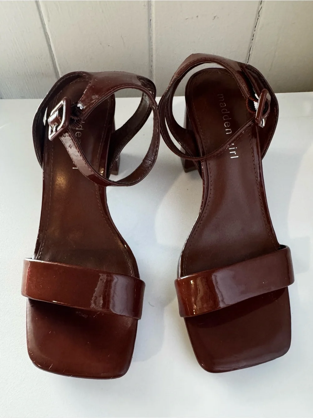 Madden Girl Chocolate Patent Square-Toe Ankle Strap Block Heels